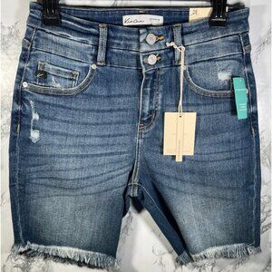 KanCan Womens Denim High Rise Bermuda Shorts Size 28 waist Distressed Frayed Hem